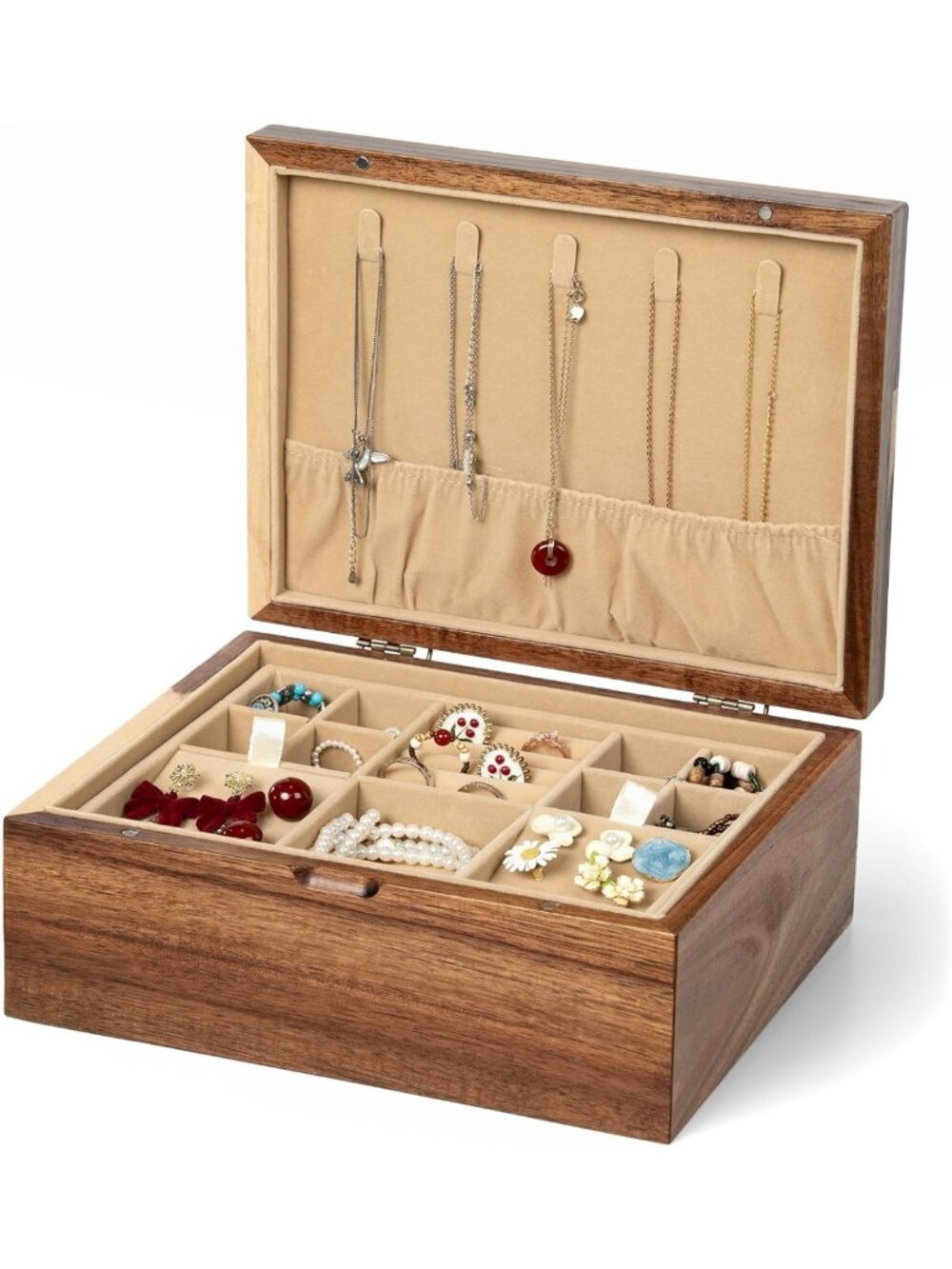 Elegant Acacia Wood Jewelry Box with Hinged Lid & Velvet Tray - Perfect Storage